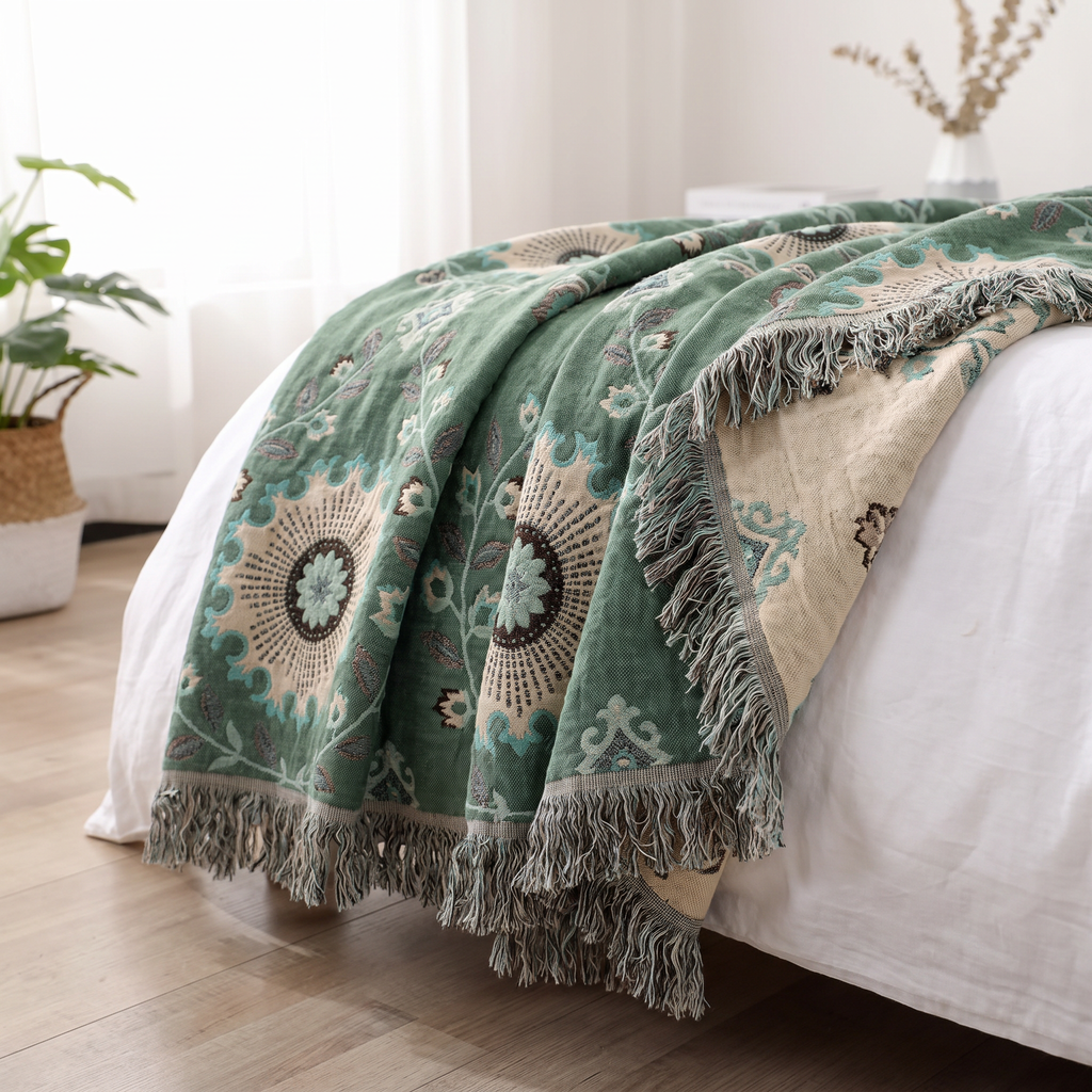 Retro Sunflower Mandala Reversible Cotton Blanket - lifestyle