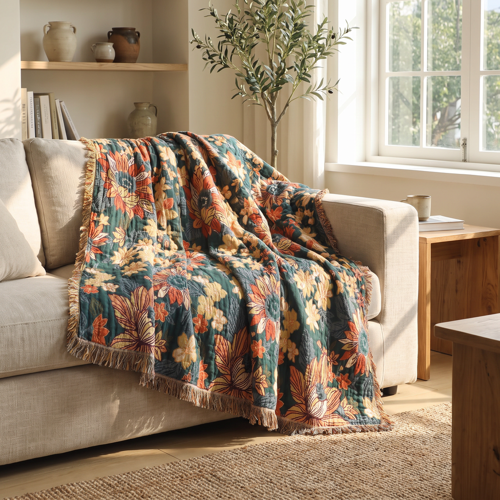 Dark Teal Daisy Double-Gauze Cotton Throw with Tassels - lifestyle