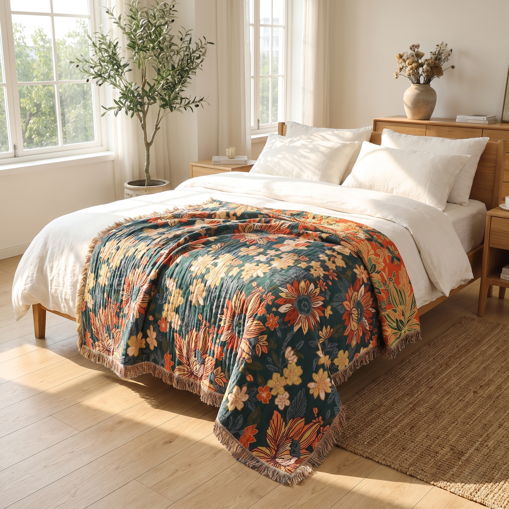 Dark Teal Daisy Double-Gauze Cotton Throw with Tassels - lifestyle
