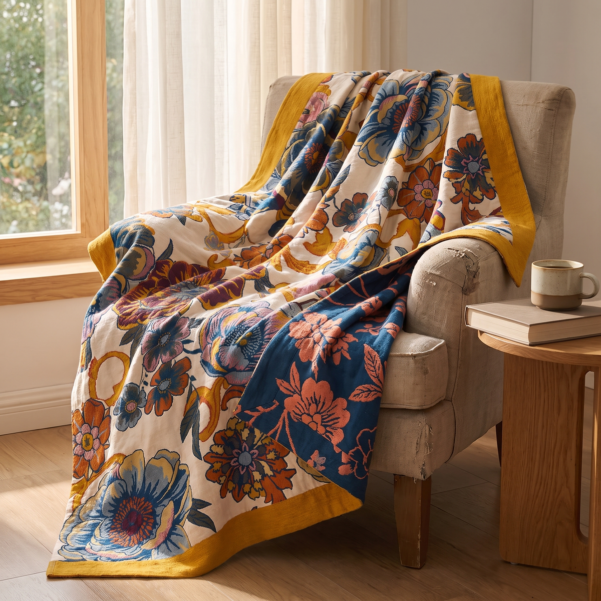 Navy & Mustard Peony Reversible Cotton Blanket - lifestyle