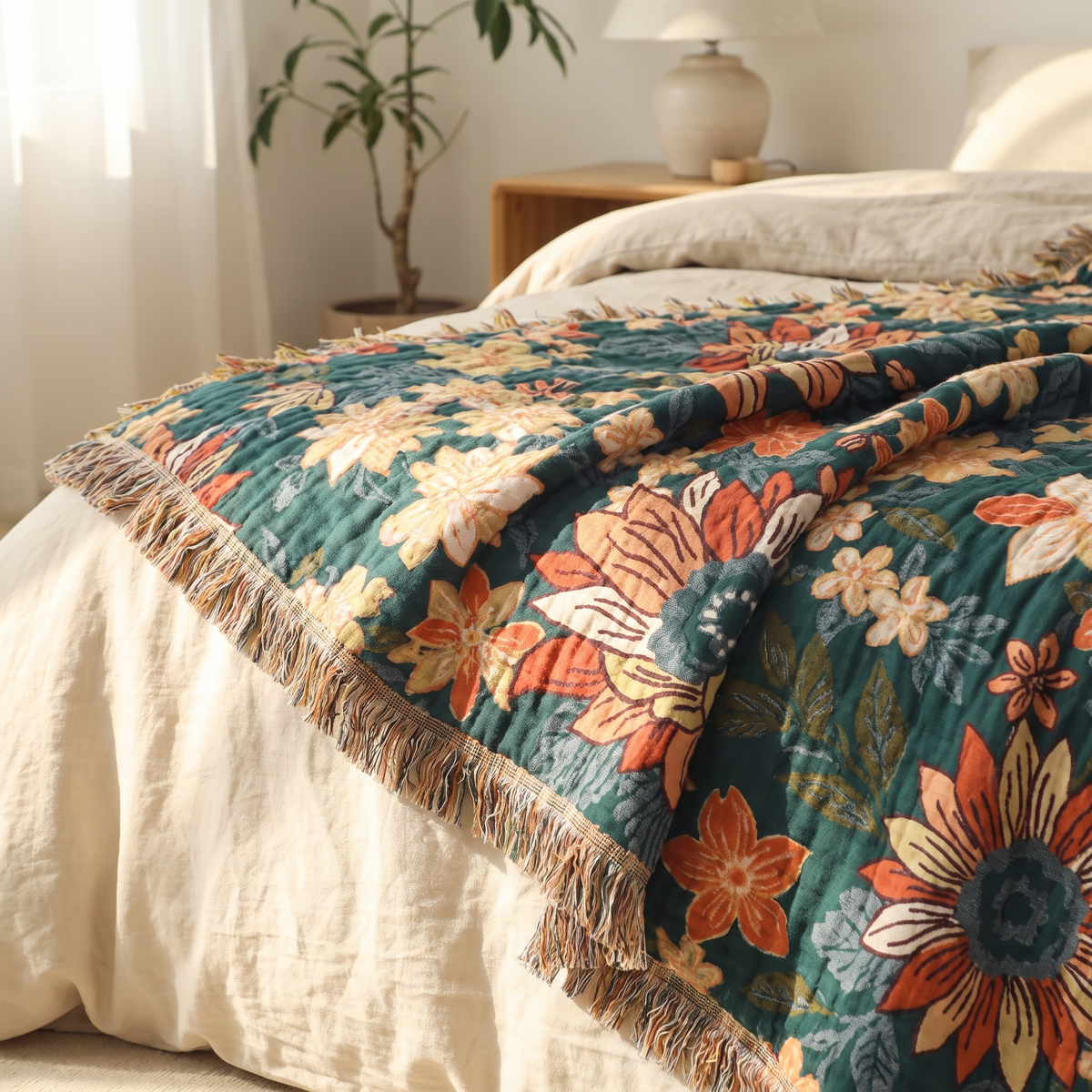 Dark Teal Daisy Double-Gauze Cotton Throw with Tassels - lifestyle