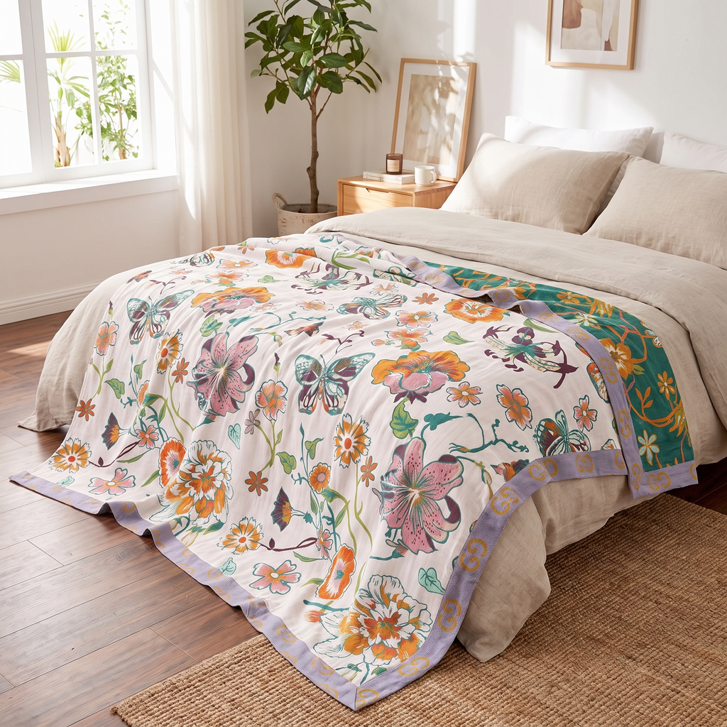 Butterfly & Vine Botanical Cotton Blanket - lifestyle