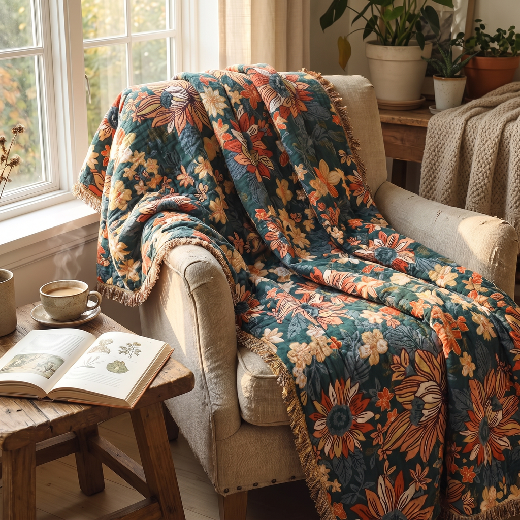 Dark Teal Daisy Double-Gauze Cotton Throw with Tassels - lifestyle