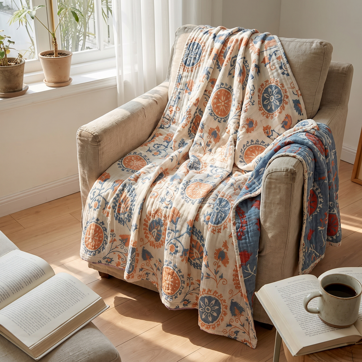 Suzani Medallion Reversible Organic Cotton Blanket - lifestyle
