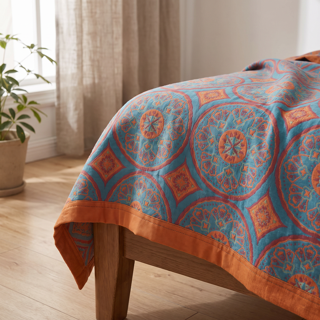 Bordered Diamond Medallion Reversible Cotton Summer Blanket - lifestyle