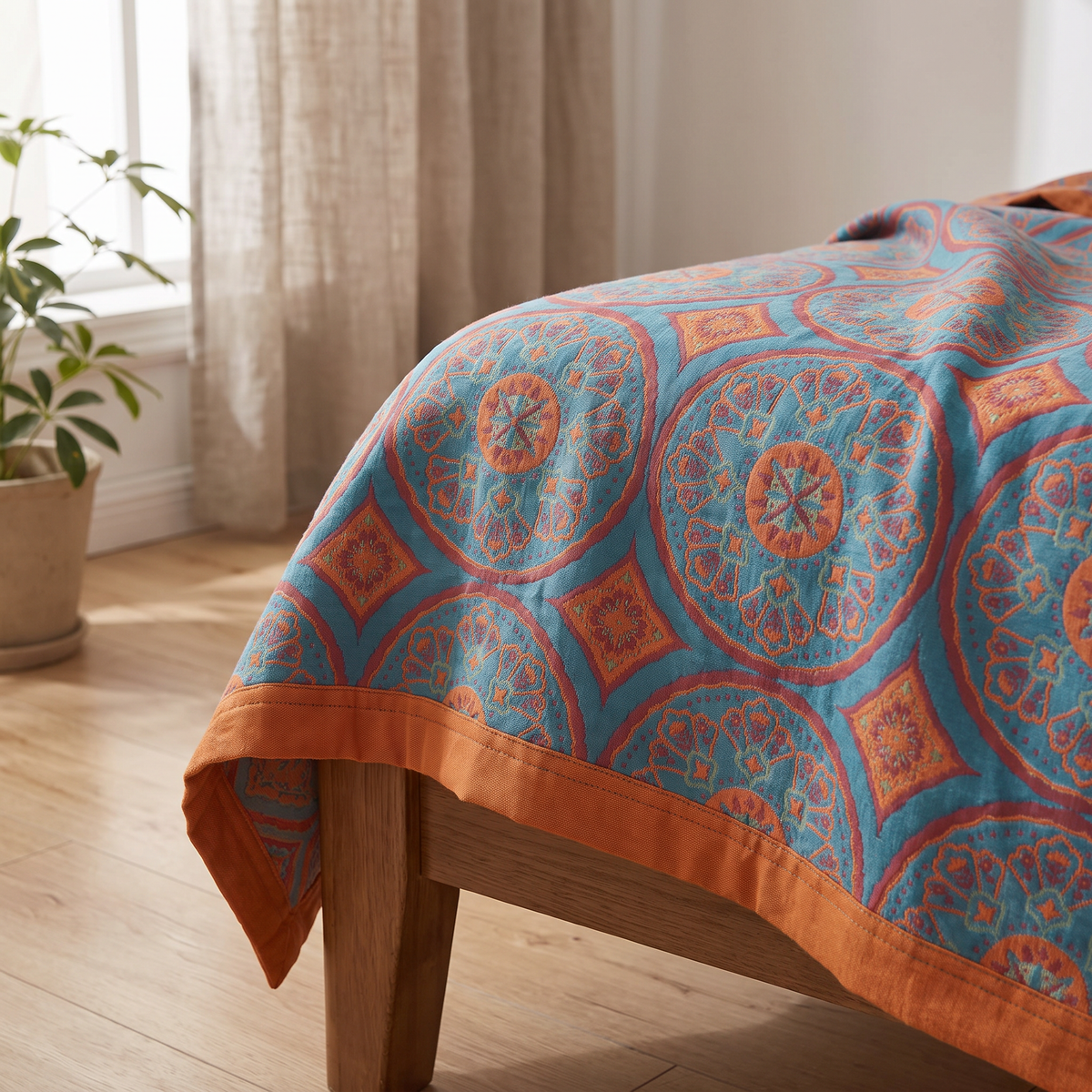 Bordered Diamond Medallion Reversible Cotton Summer Blanket - lifestyle