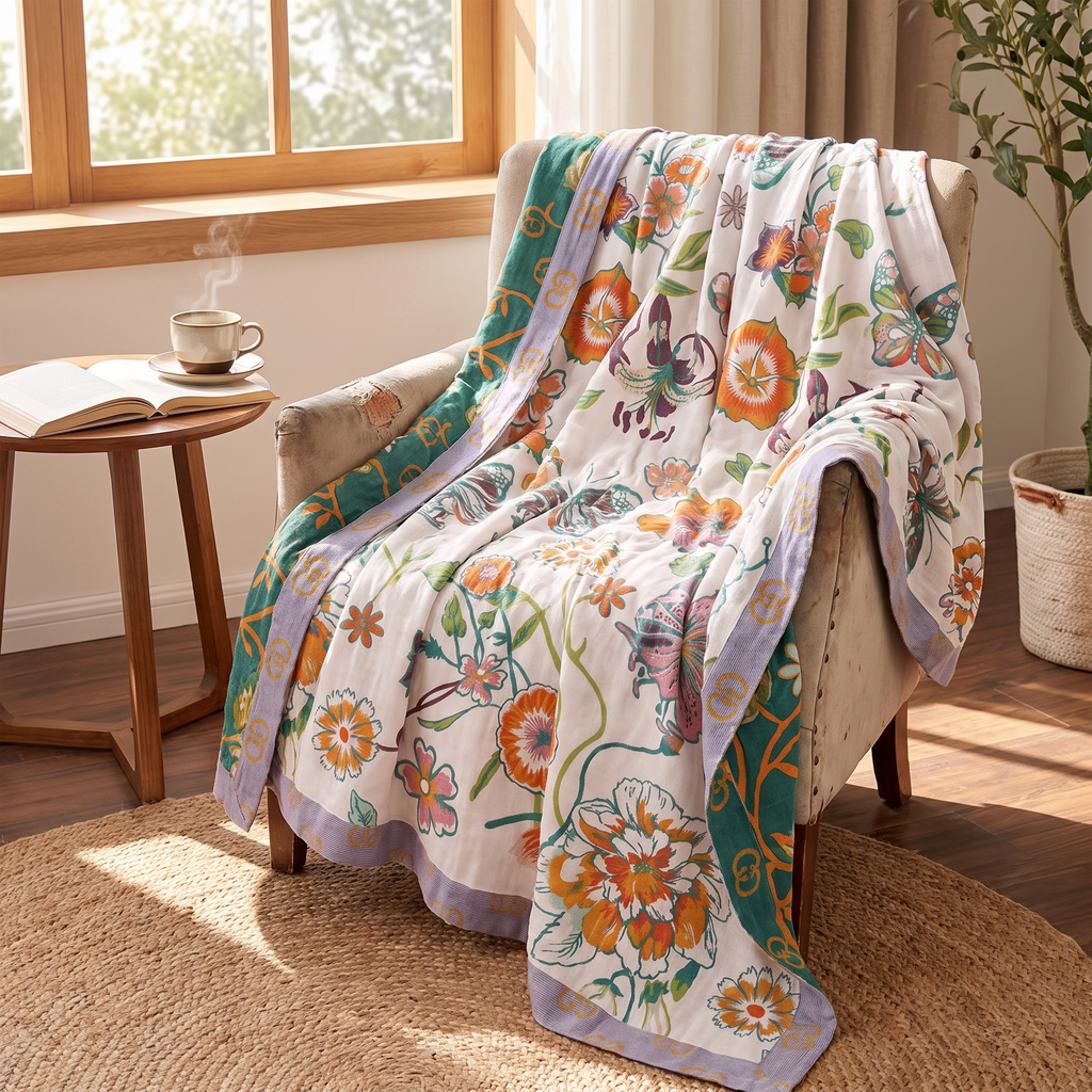 Butterfly & Vine Botanical Cotton Blanket - lifestyle