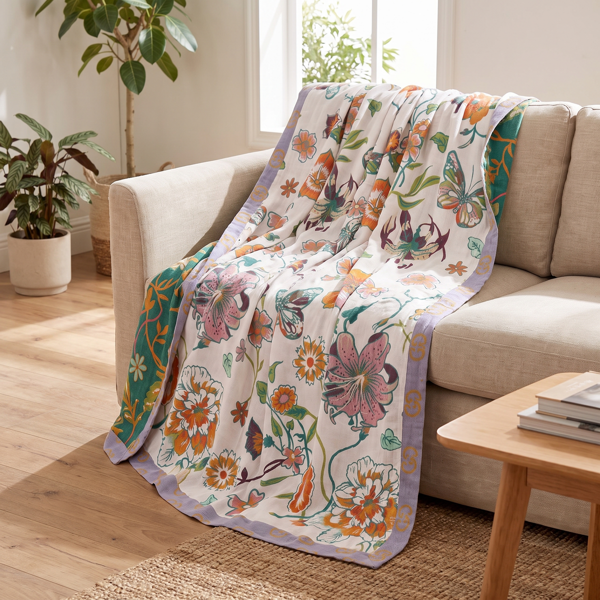 Butterfly & Vine Botanical Cotton Blanket - lifestyle