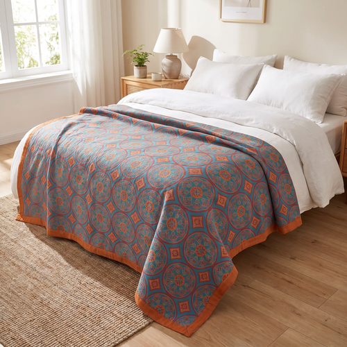 Bordered Diamond Medallion Reversible Cotton Summer Blanket - lifestyle