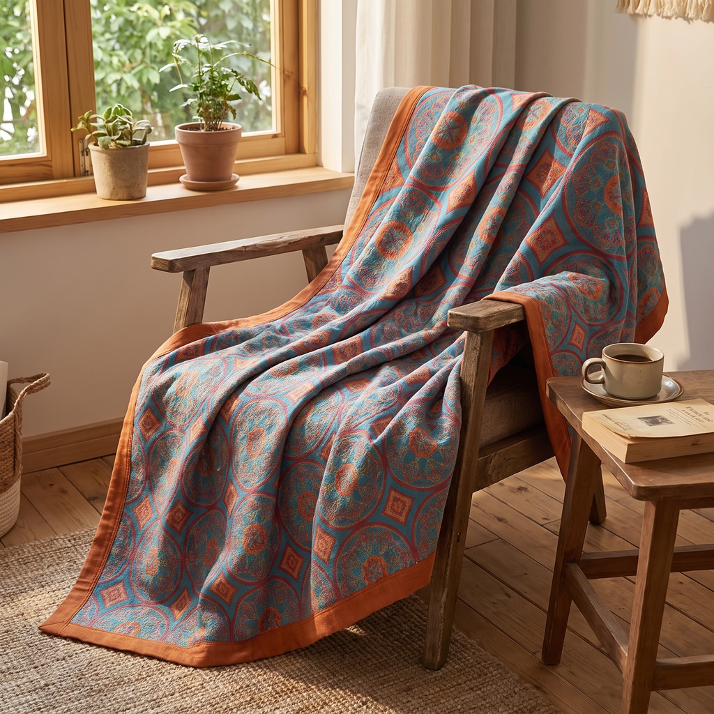 Bordered Diamond Medallion Reversible Cotton Summer Blanket - lifestyle