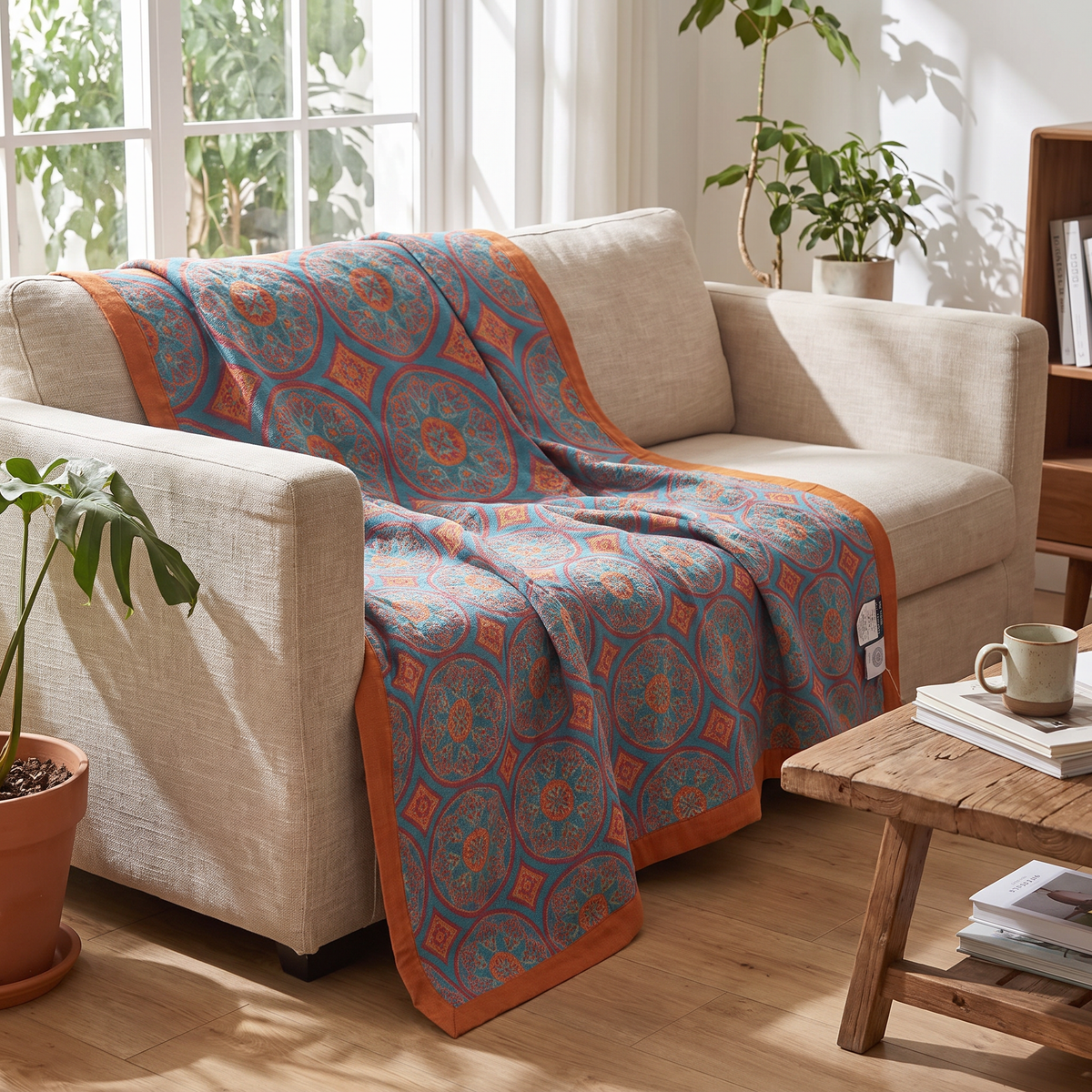 Bordered Diamond Medallion Reversible Cotton Summer Blanket - lifestyle