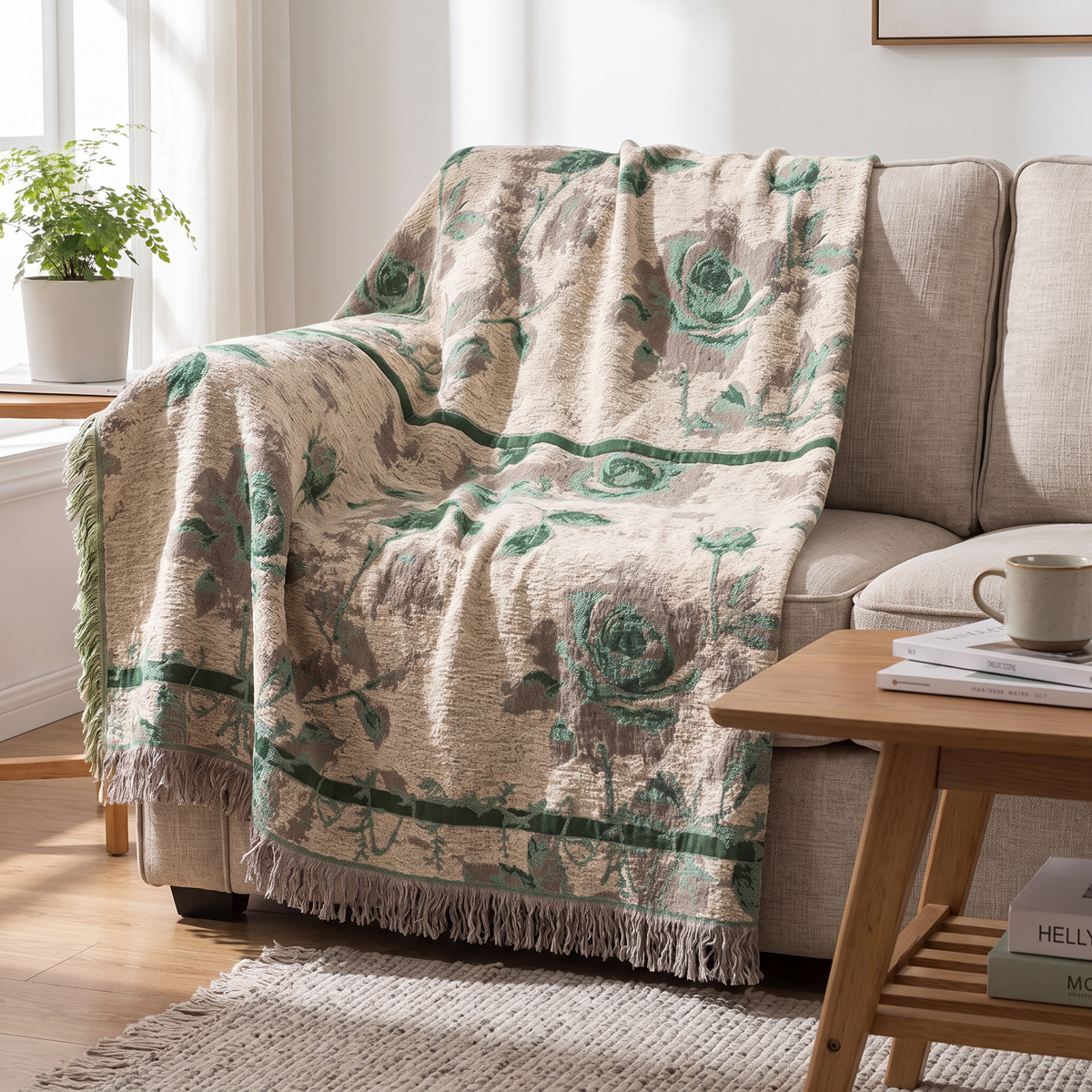 Rose Jacquard Quilted Cotton Throw Blanket - lifestyle