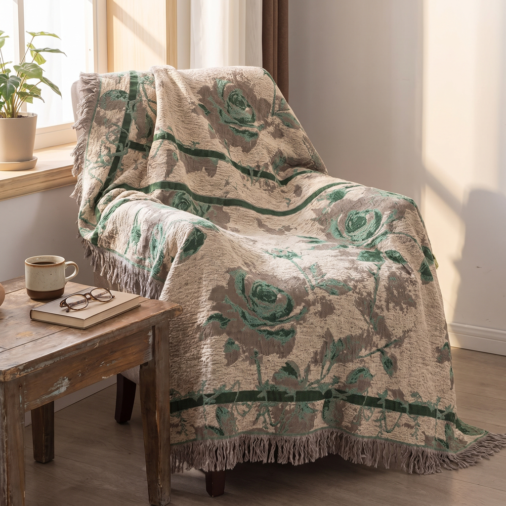 Rose Jacquard Quilted Cotton Throw Blanket - lifestyle