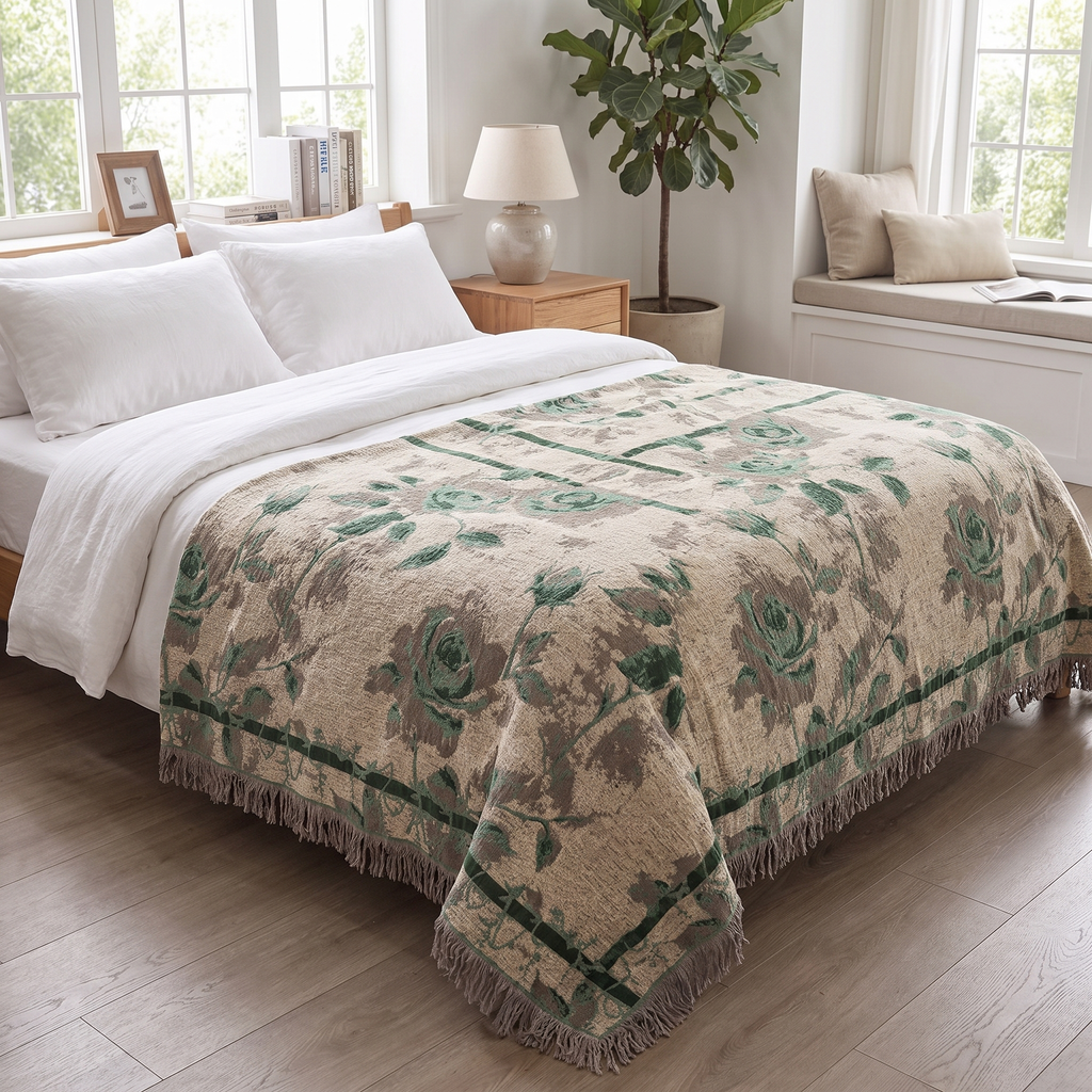 Rose Jacquard Quilted Cotton Throw Blanket - lifestyle