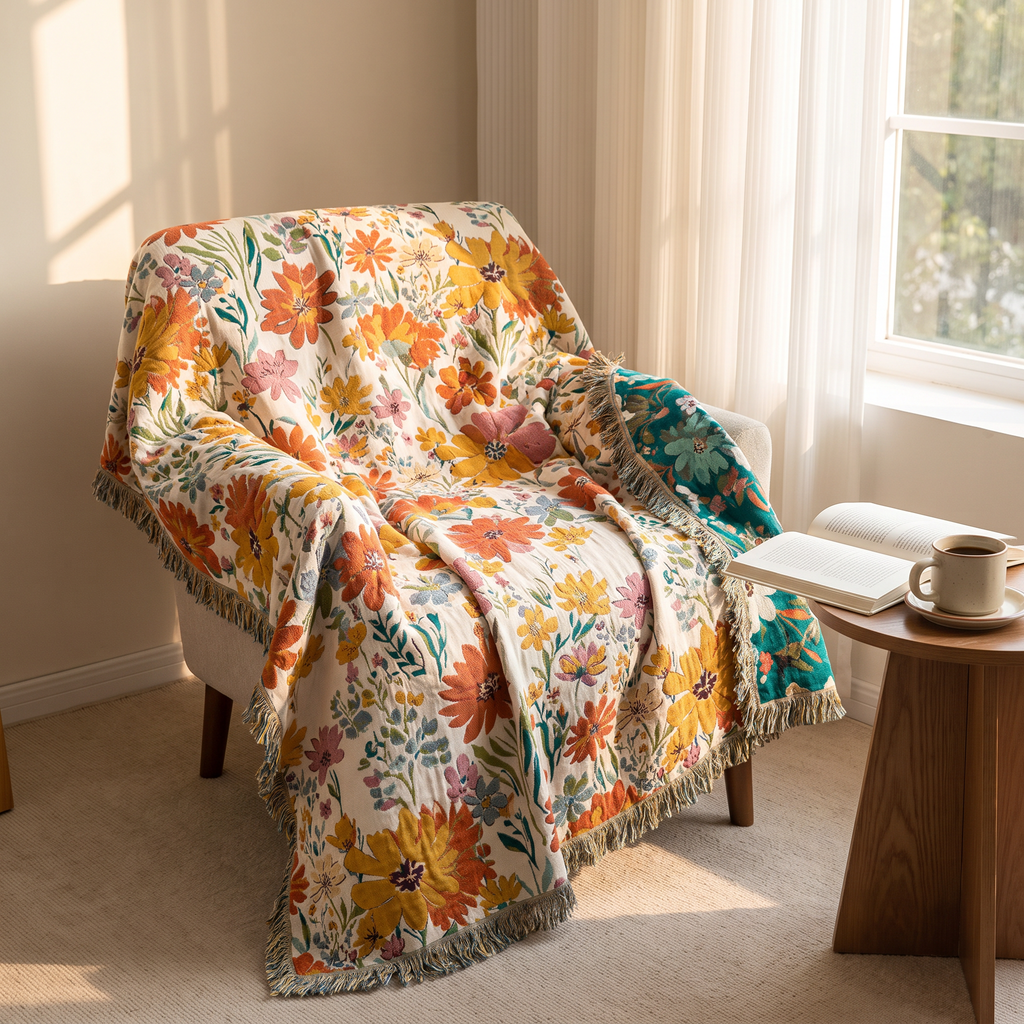 Multicolor Wildflower Jacquard Cotton Blanket - lifestyle