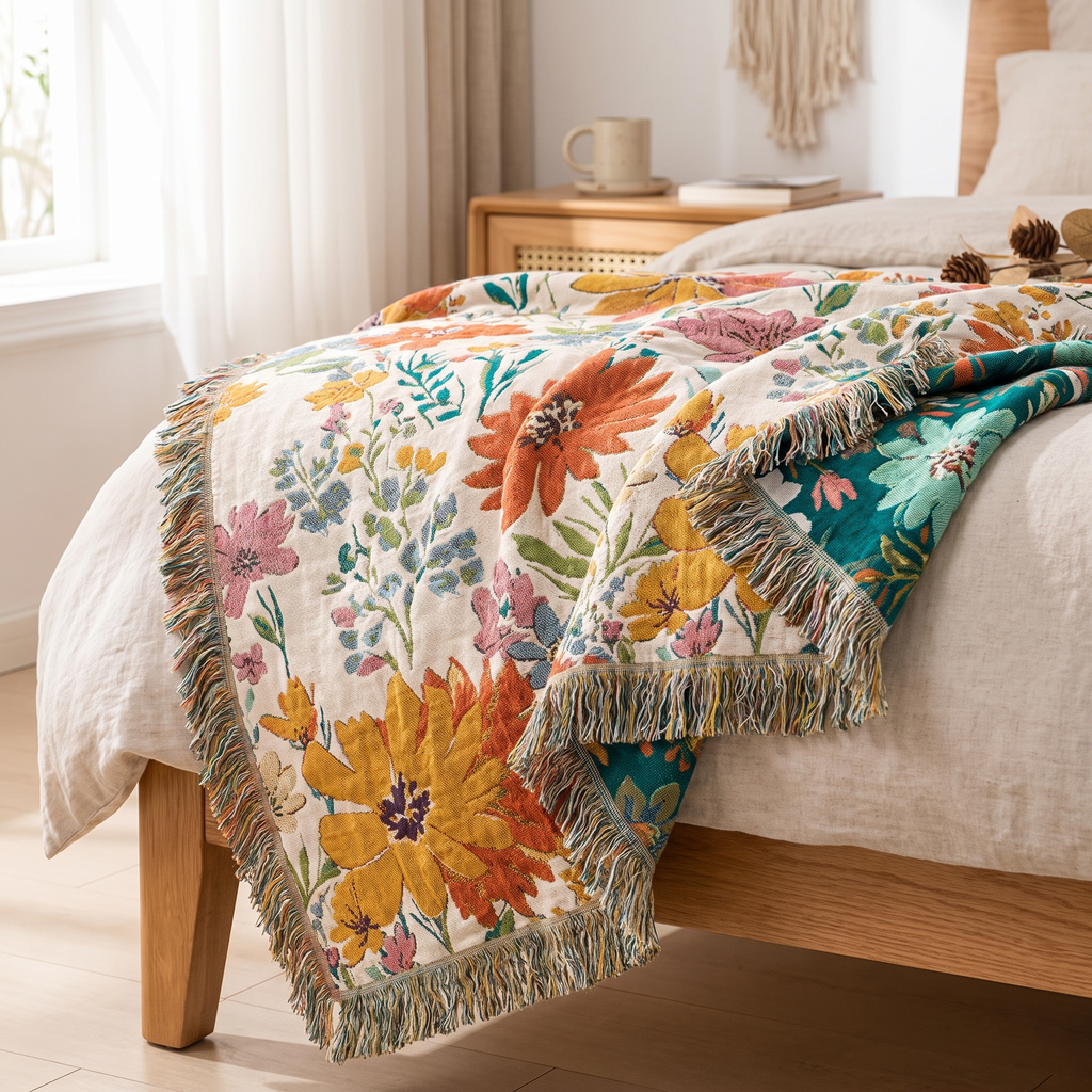 Multicolor Wildflower Jacquard Cotton Blanket - lifestyle