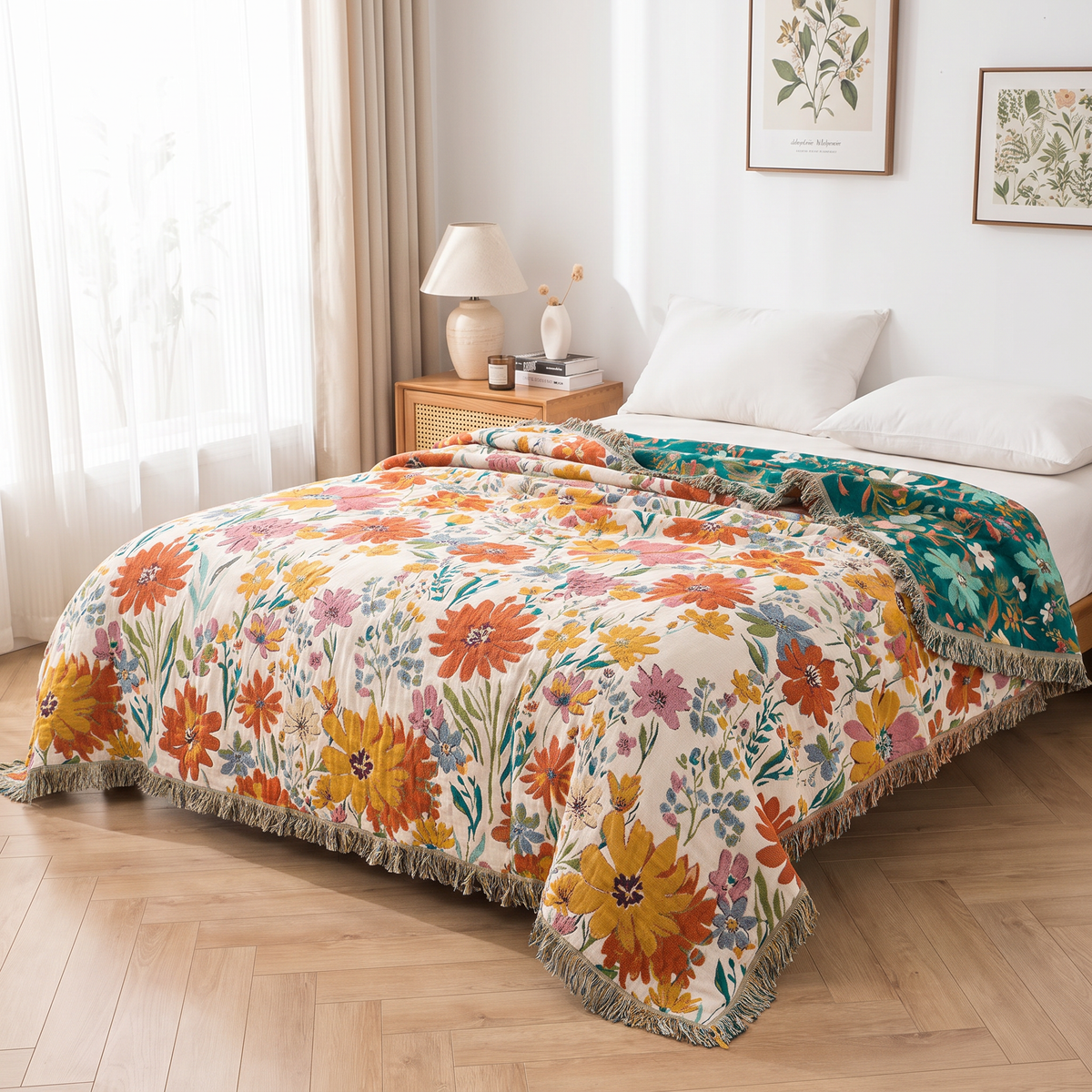 Multicolor Wildflower Jacquard Cotton Blanket - lifestyle