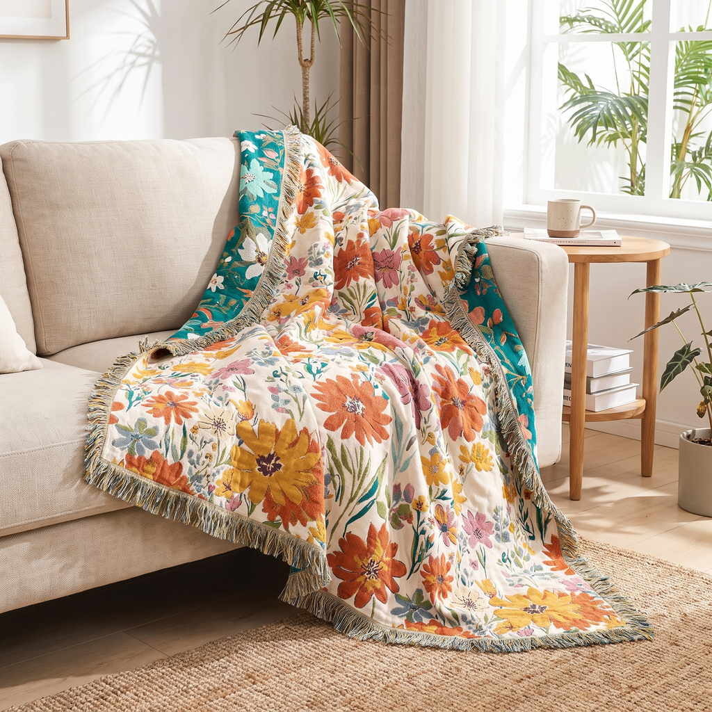 Multicolor Wildflower Jacquard Cotton Blanket - lifestyle