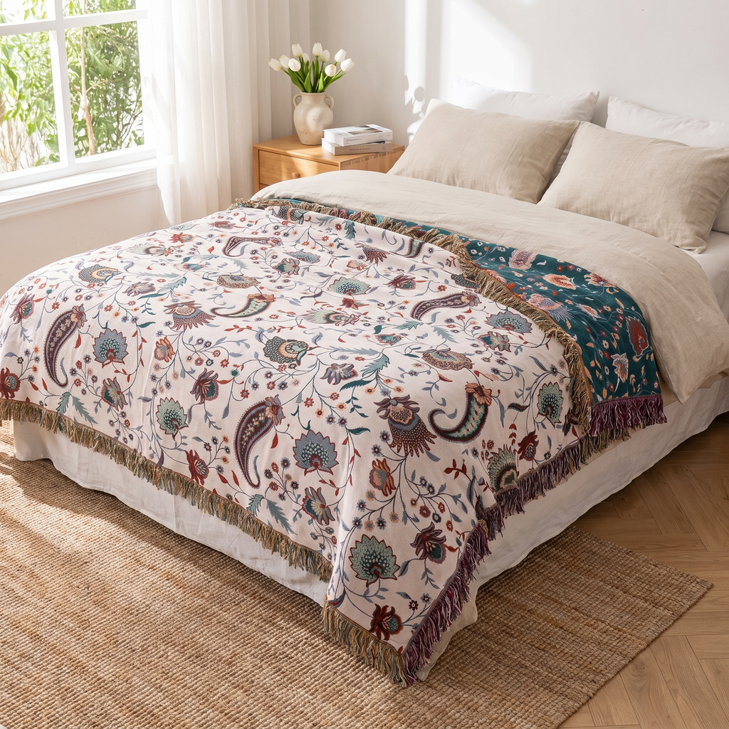Traditional Paisley Floral Reversible Cotton Blanket with Tassels - lifestyle