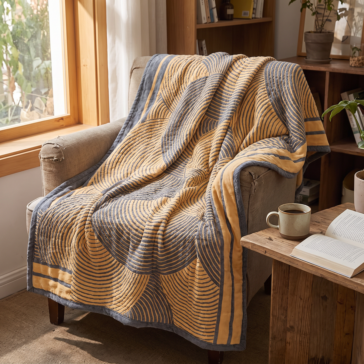 Four-Layer Muslin Arc Stripe Reversible Cotton Blanket - lifestyle
