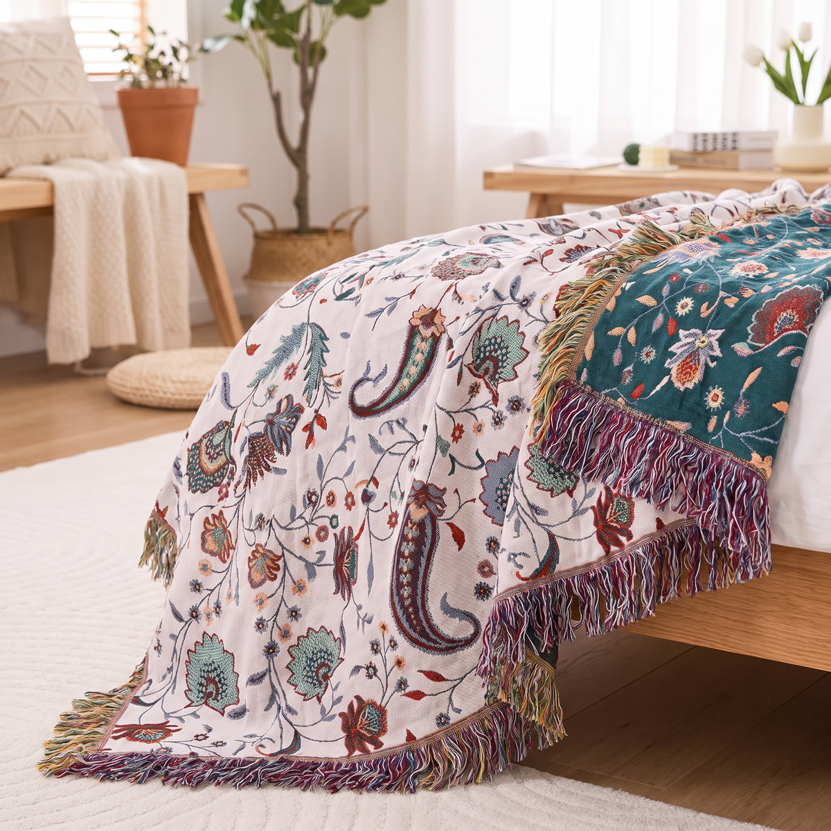 Traditional Paisley Floral Reversible Cotton Blanket with Tassels - lifestyle