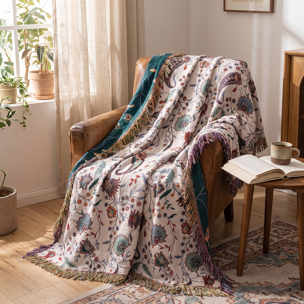 Traditional Paisley Floral Reversible Cotton Blanket with Tassels - lifestyle