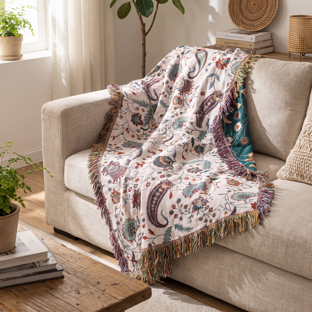 Traditional Paisley Floral Reversible Cotton Blanket with Tassels - lifestyle