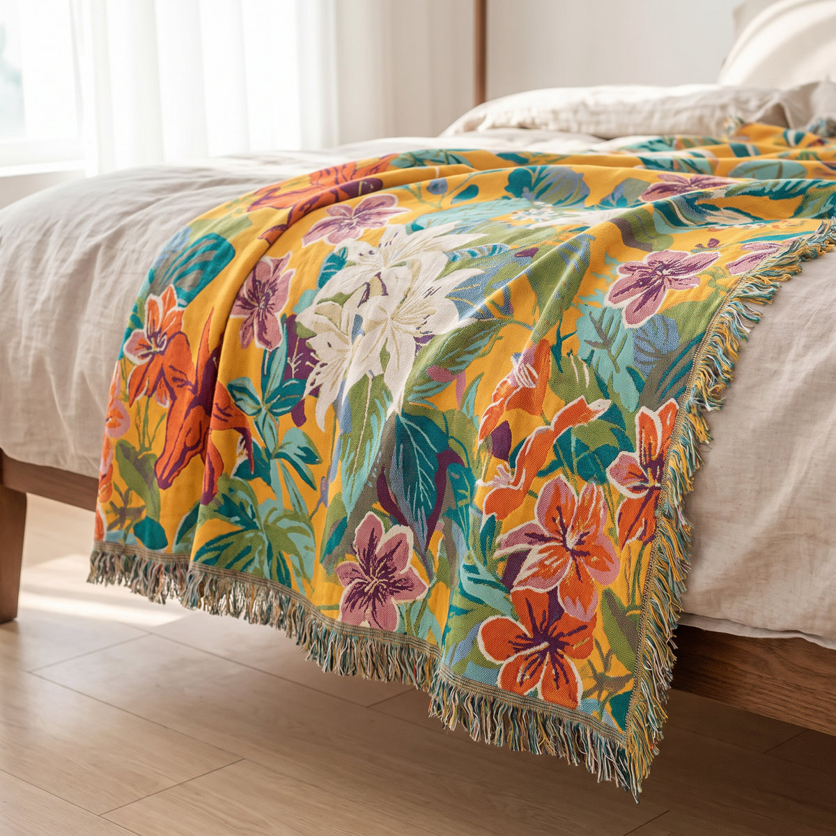 Tropical Lily & Hibiscus Cotton Blanket - lifestyle