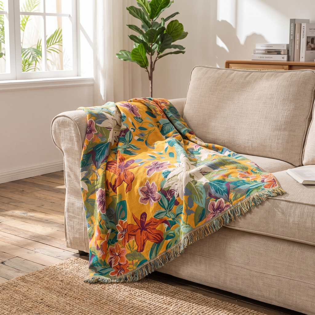 Tropical Lily & Hibiscus Cotton Blanket - lifestyle