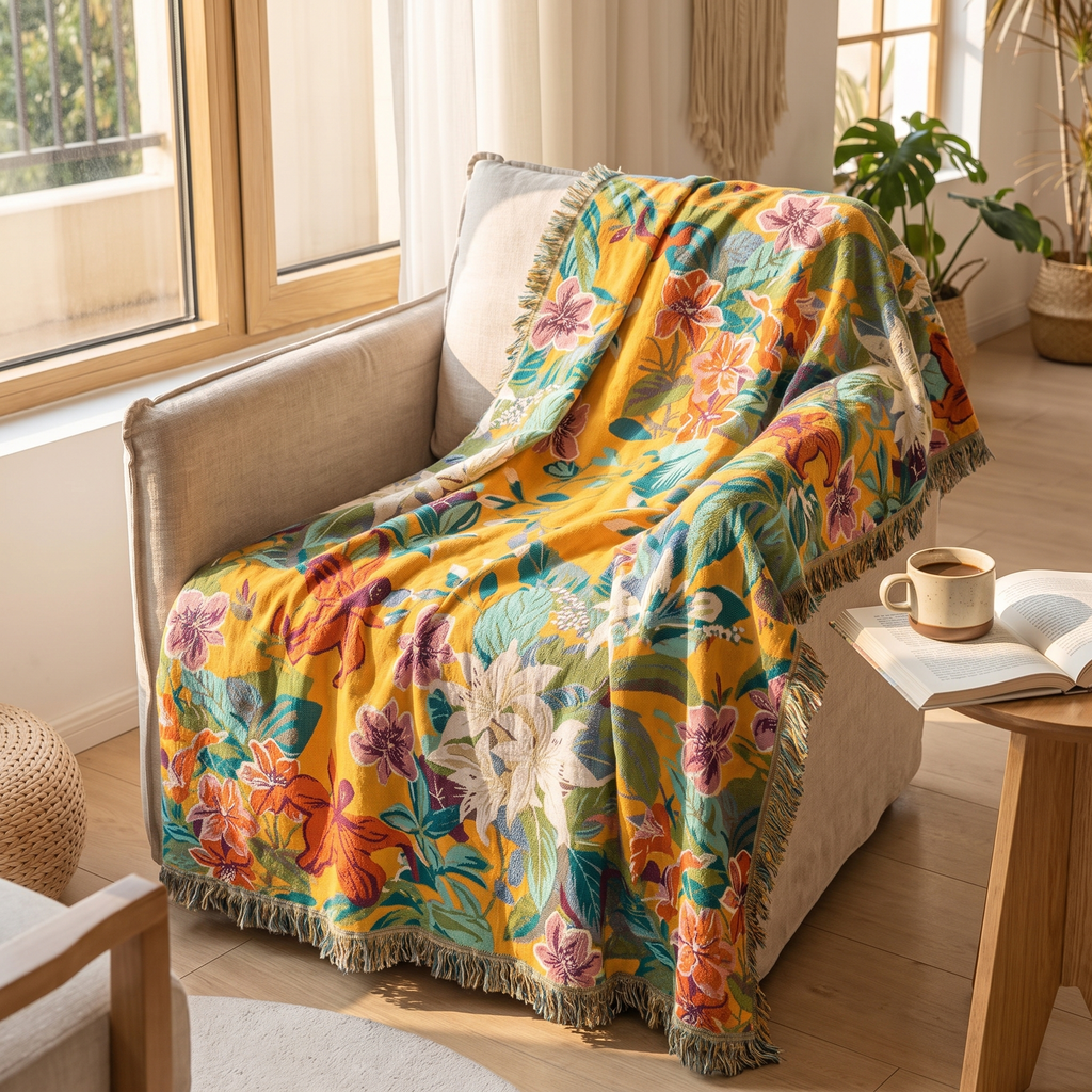 Tropical Lily & Hibiscus Cotton Blanket - lifestyle