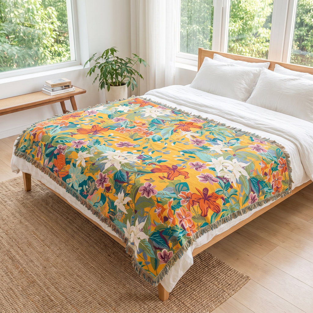 Tropical Lily & Hibiscus Cotton Blanket - lifestyle