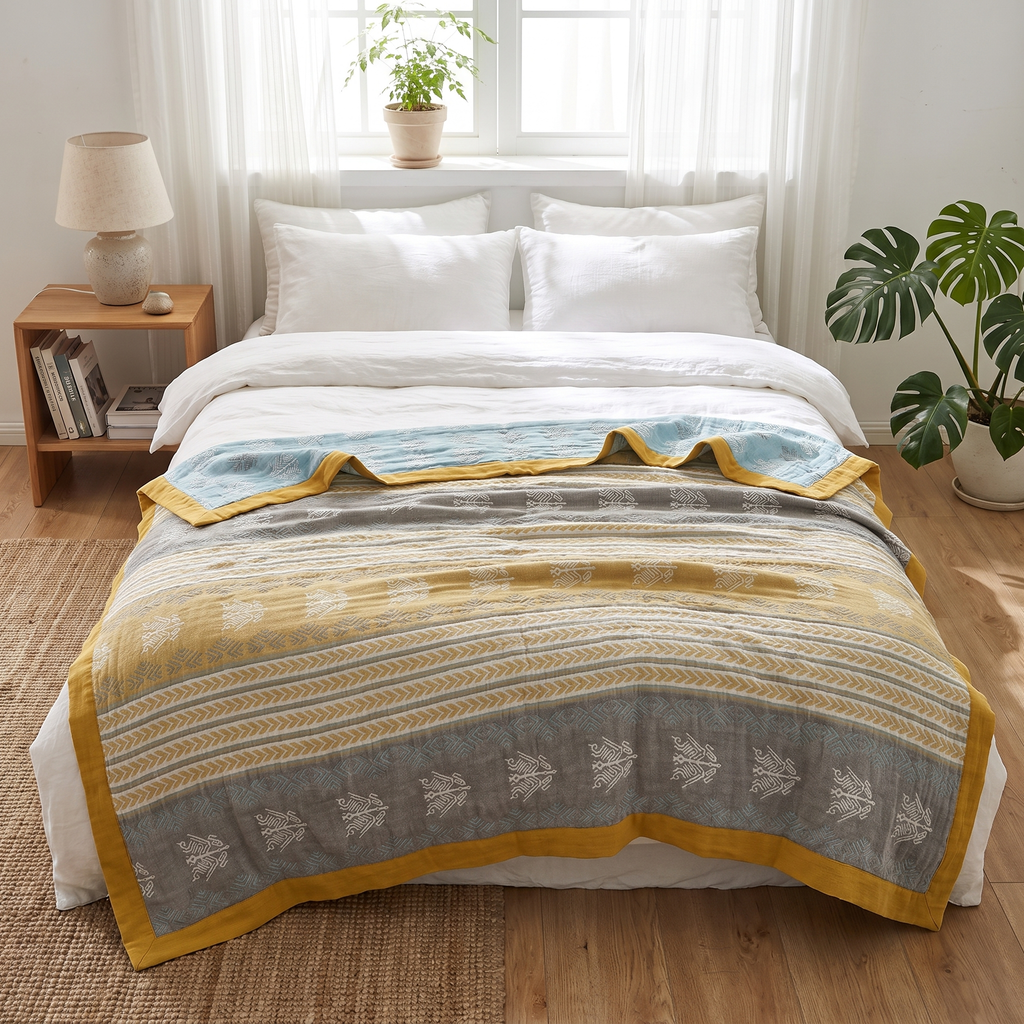 Mustard & Gray Chevron Band Reversible Cotton Blanket - lifestyle