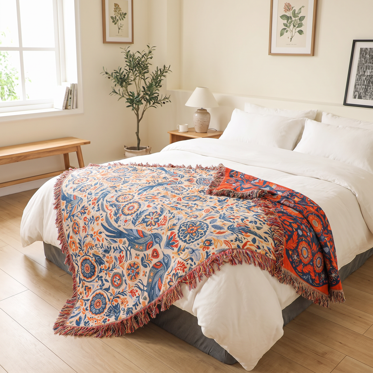 Folk Bird & Rosette Double-Gauze Cotton Throw - lifestyle