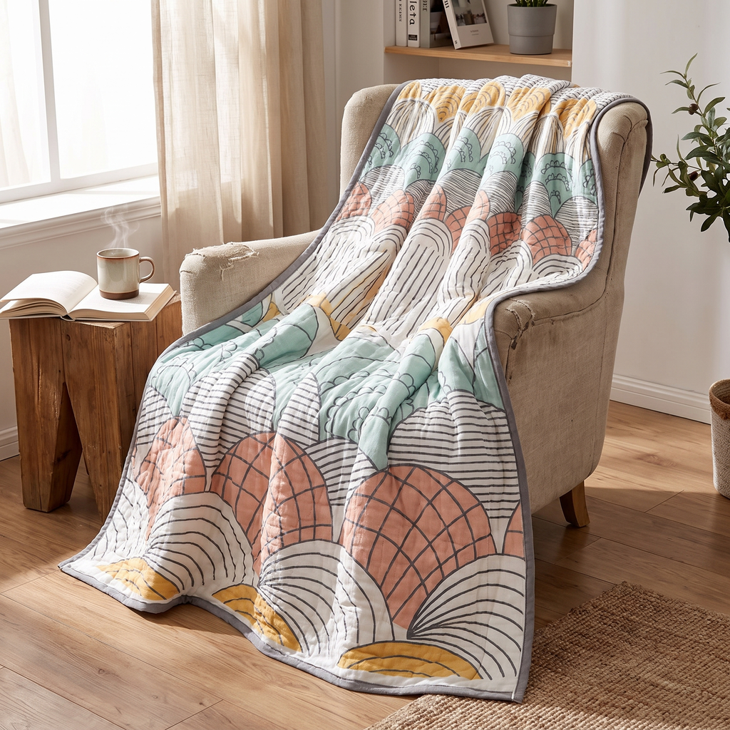 Scallop Fan Print Lightweight Cotton Blanket - lifestyle