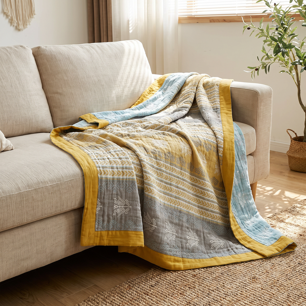 Mustard & Gray Chevron Band Reversible Cotton Blanket - lifestyle