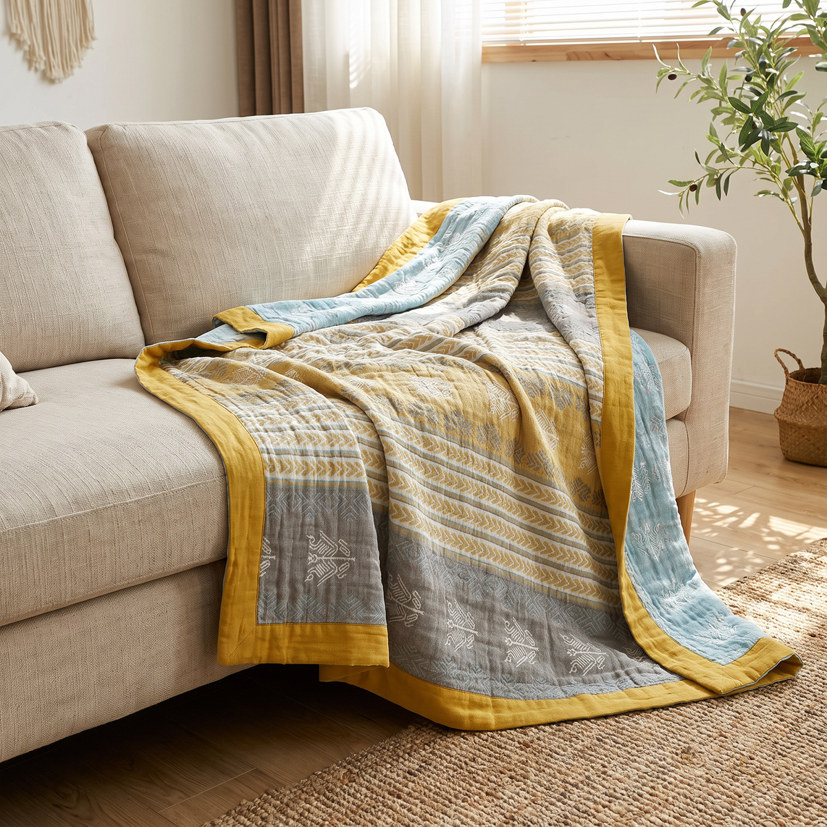 Mustard & Gray Chevron Band Reversible Cotton Blanket - lifestyle