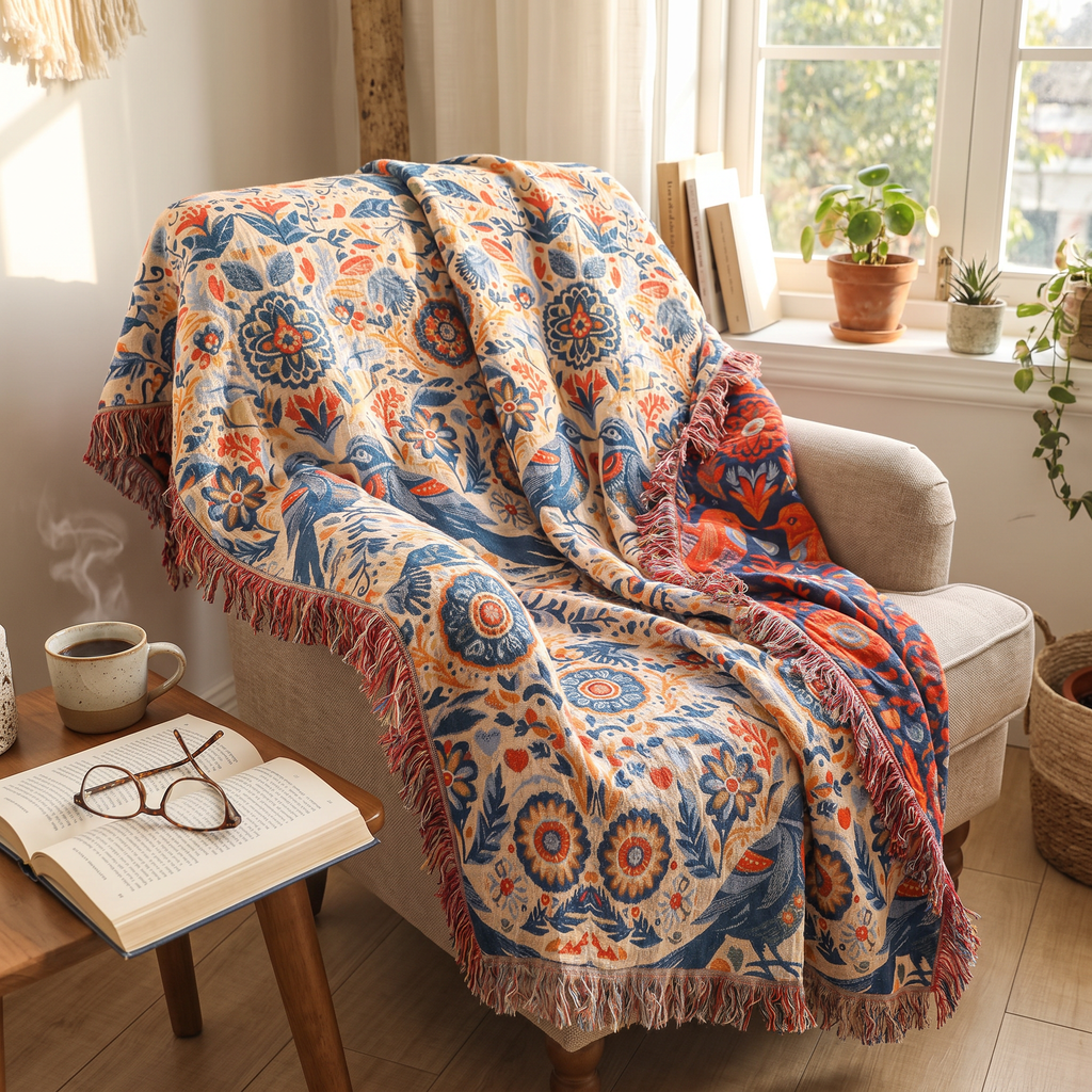 Folk Bird & Rosette Double-Gauze Cotton Throw - lifestyle