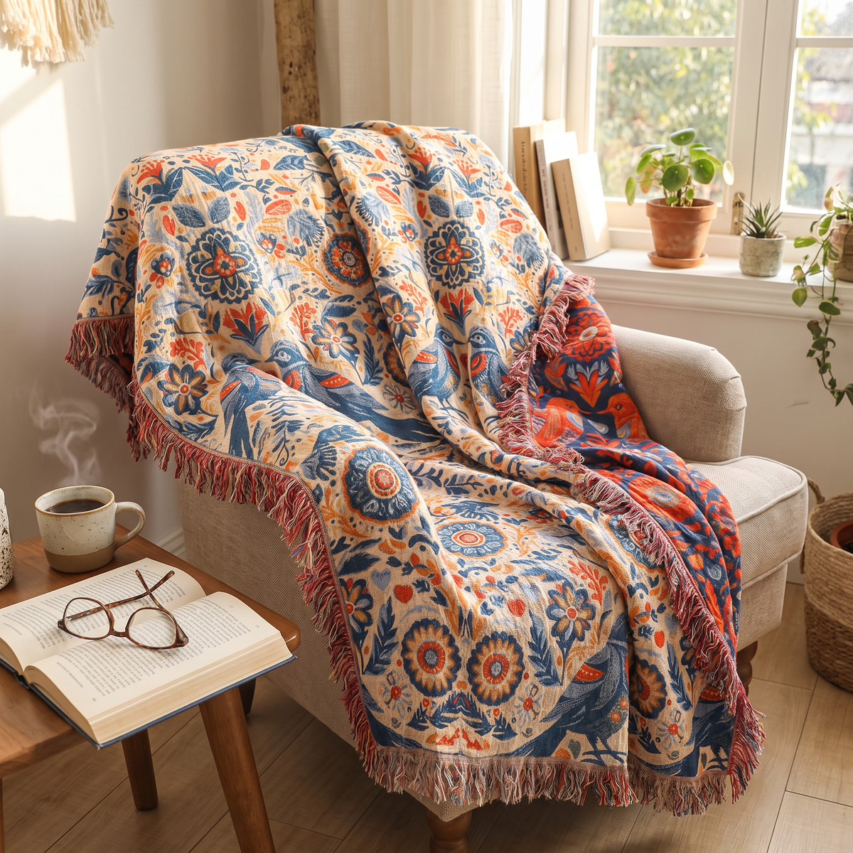 Folk Bird & Rosette Double-Gauze Cotton Throw - lifestyle