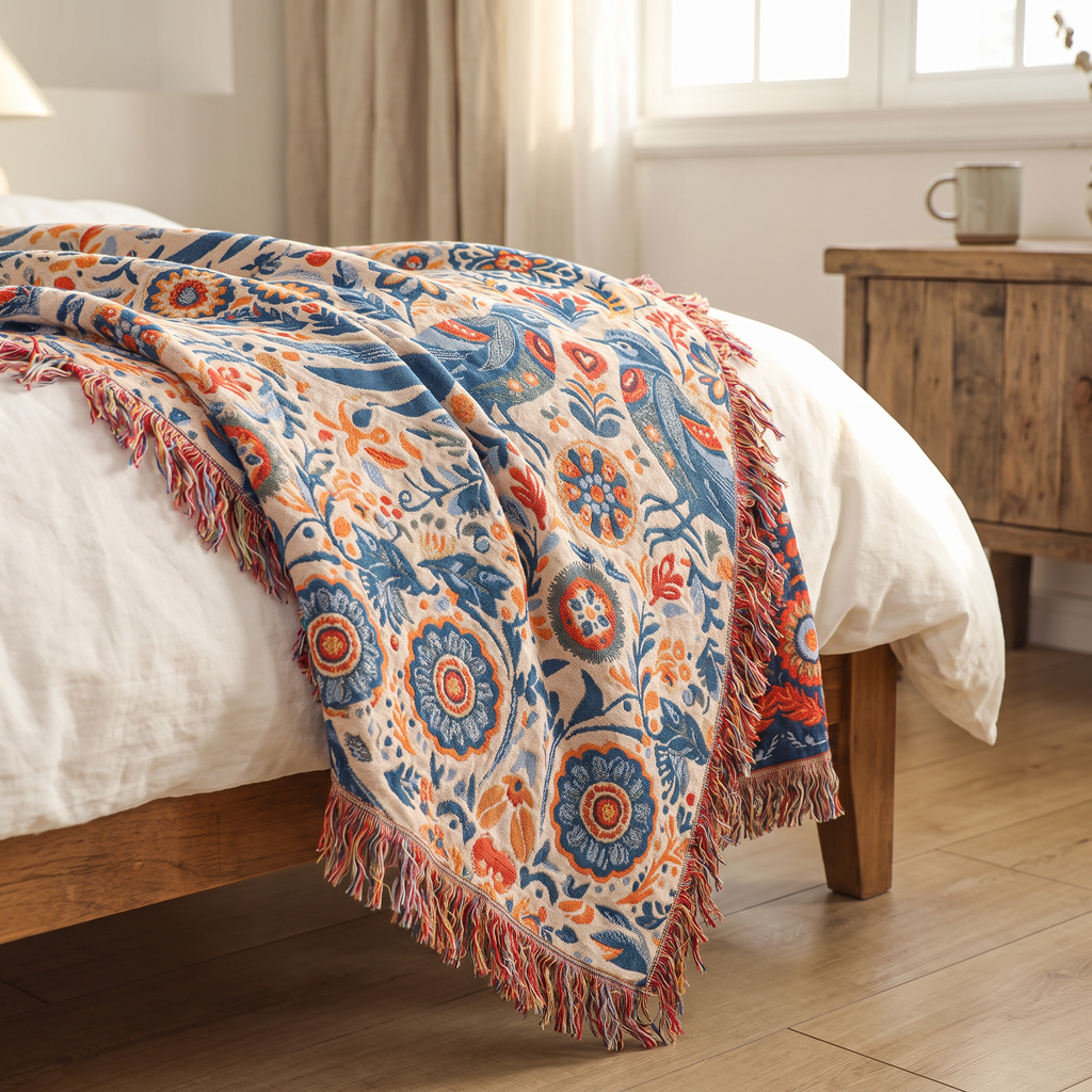 Folk Bird & Rosette Double-Gauze Cotton Throw - lifestyle