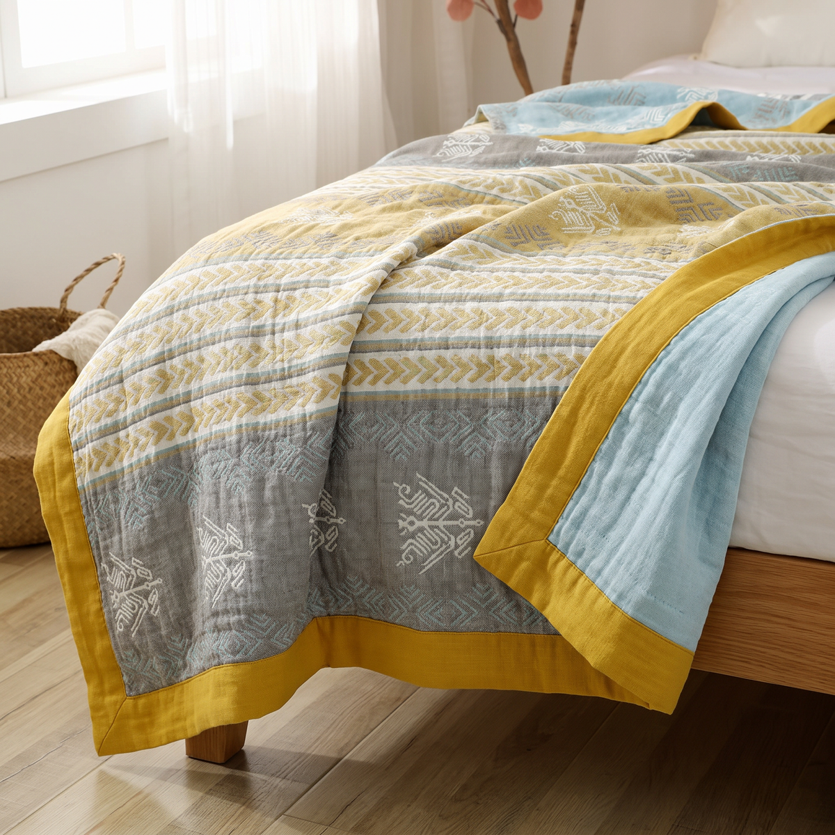 Mustard & Gray Chevron Band Reversible Cotton Blanket - lifestyle