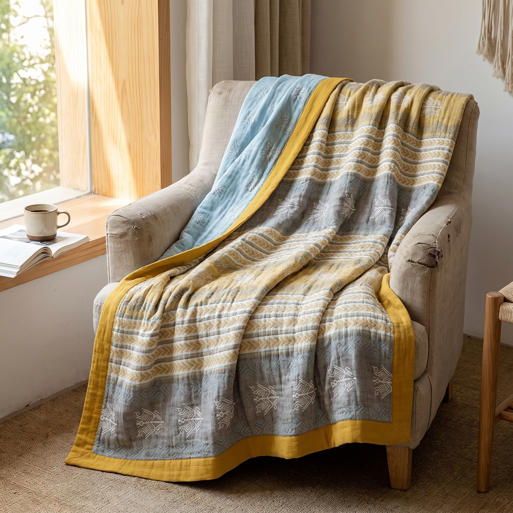 Mustard & Gray Chevron Band Reversible Cotton Blanket - lifestyle