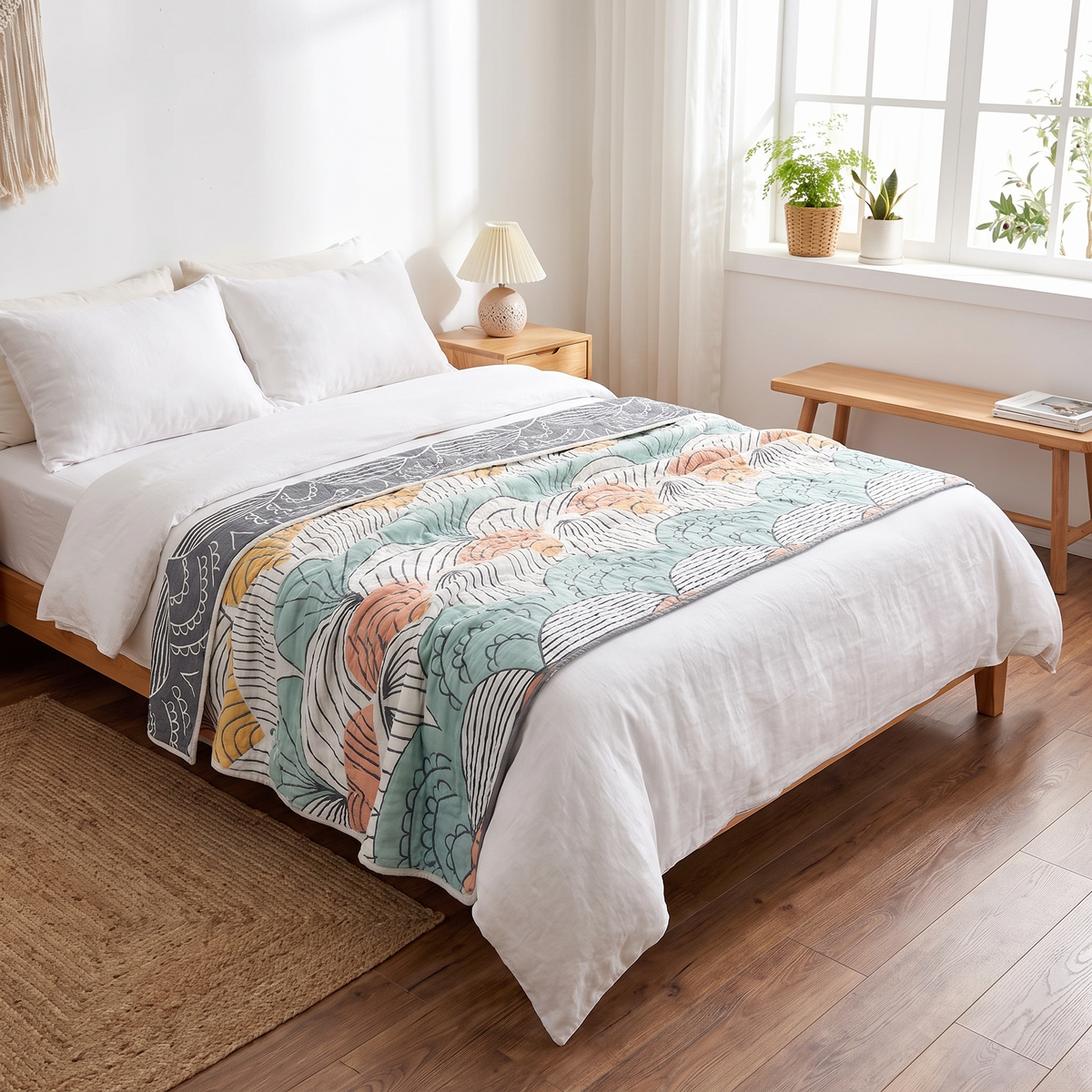 Scallop Fan Print Lightweight Cotton Blanket - lifestyle