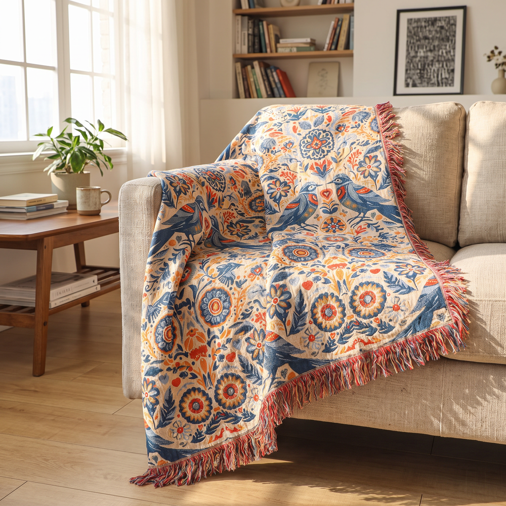 Folk Bird & Rosette Double-Gauze Cotton Throw - lifestyle