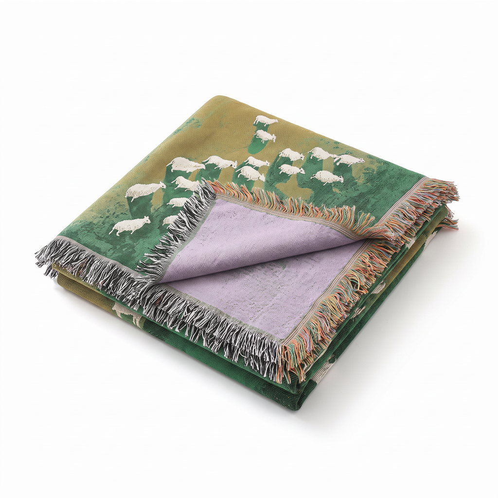 Green Gradient Sheep Woven Throw with Tassels