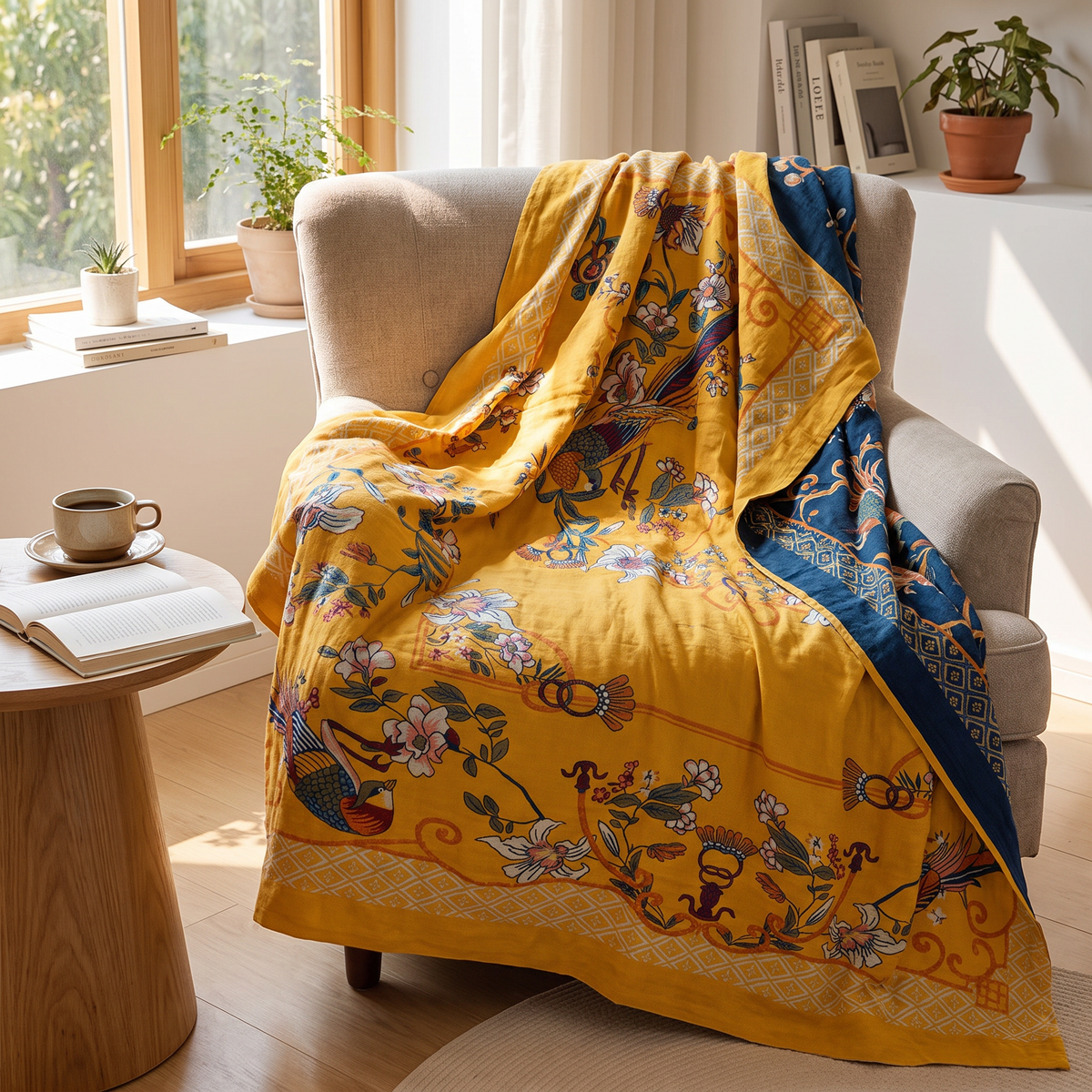Chinoiserie Bird & Magnolia Cotton Blanket - lifestyle