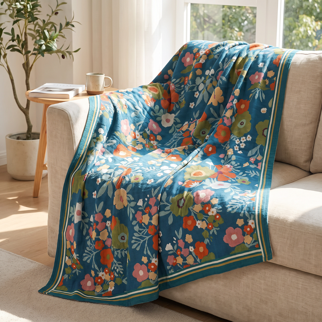Wildflower Meadow Cotton Blanket with Striped Border - lifestyle