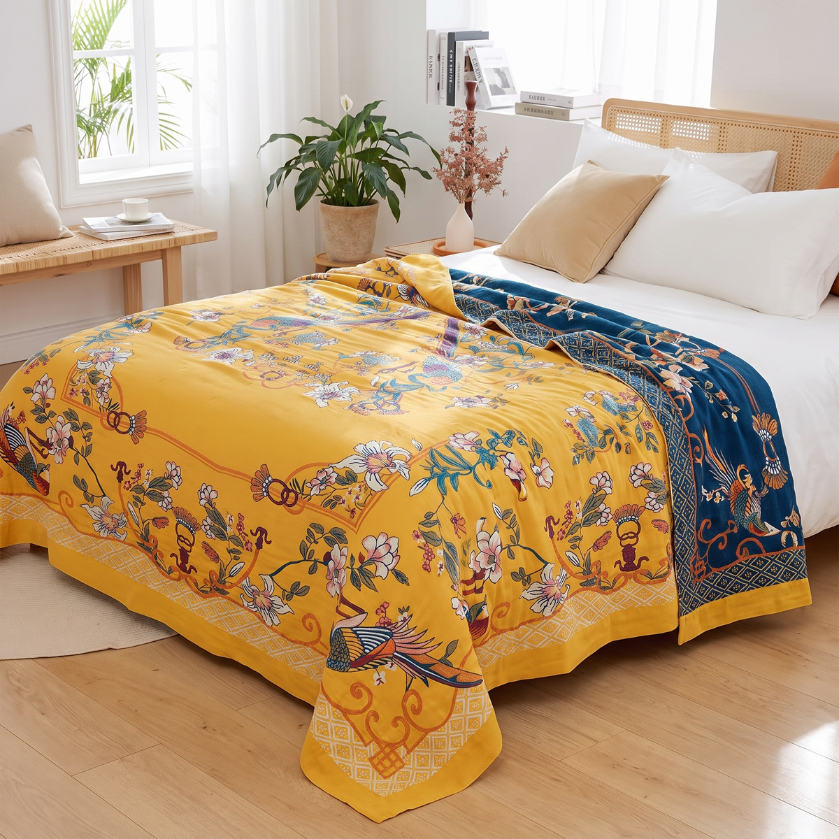 Chinoiserie Bird & Magnolia Cotton Blanket - lifestyle