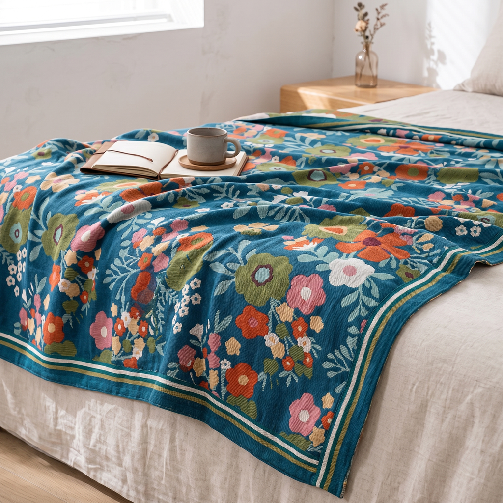 Wildflower Meadow Cotton Blanket with Striped Border - lifestyle