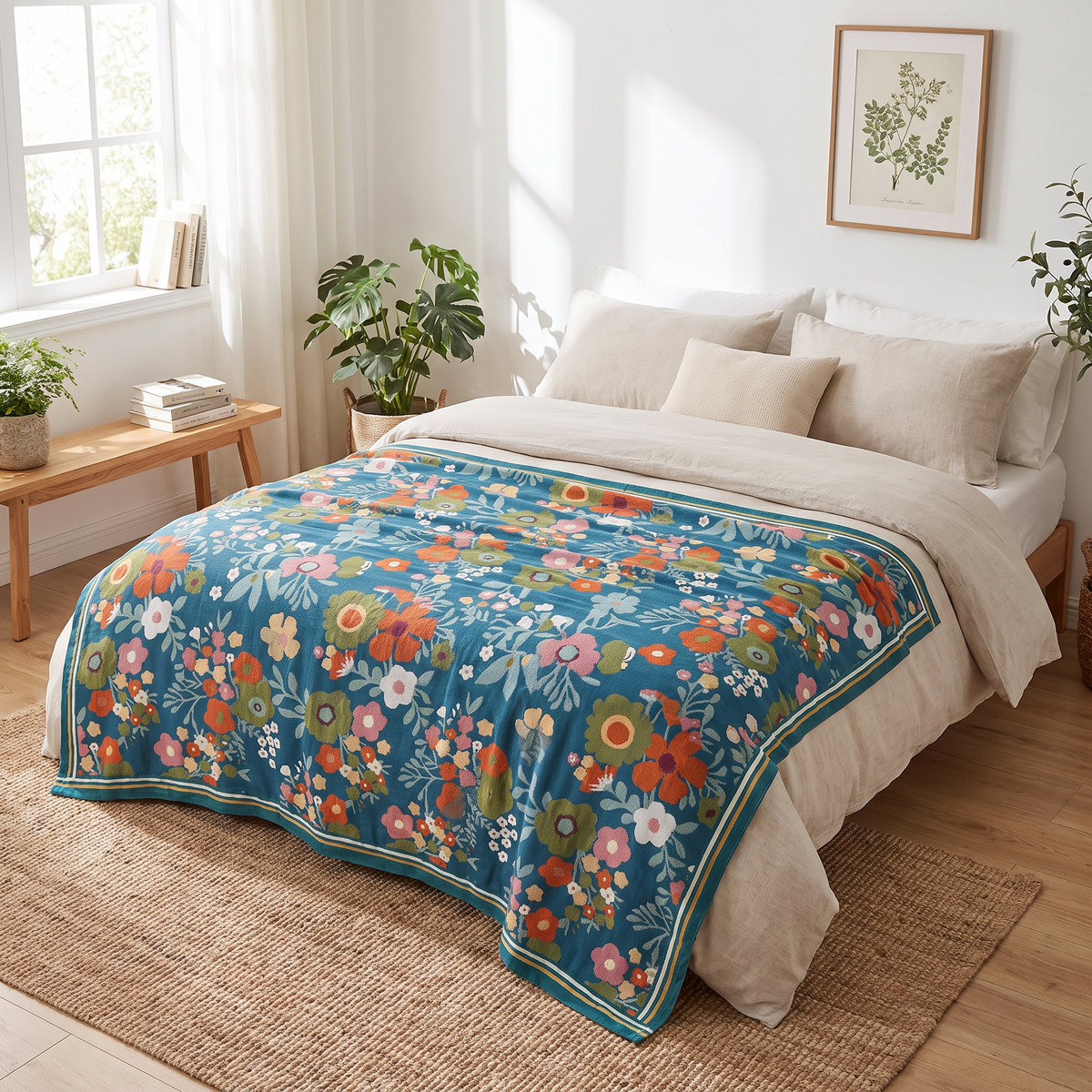 Wildflower Meadow Cotton Blanket with Striped Border - lifestyle