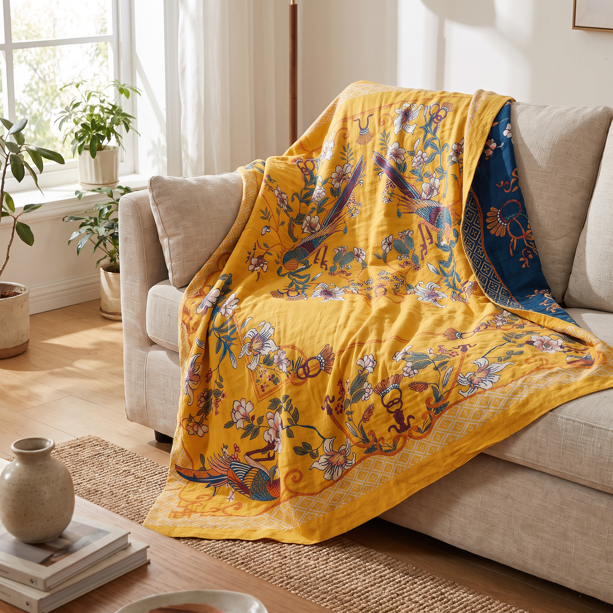 Chinoiserie Bird & Magnolia Cotton Blanket - lifestyle